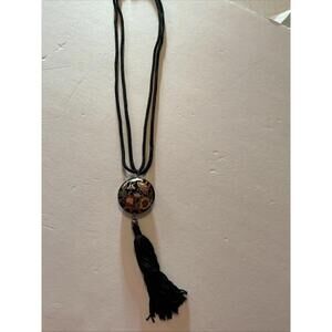 Vintage Cloisonné Enamel Pendant Necklace with Tassel Black double sided
